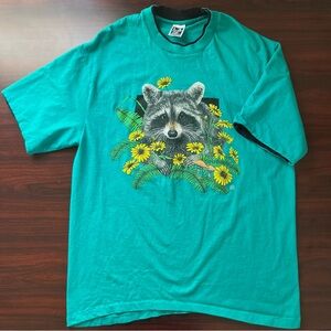 Vintage 90s Raccoon T Shirt Blue Animal Art Double Layer Tee Size XL